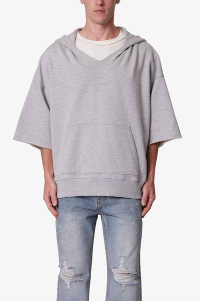 Hooded 3/4 Sleeve Rag Sweater - Grey