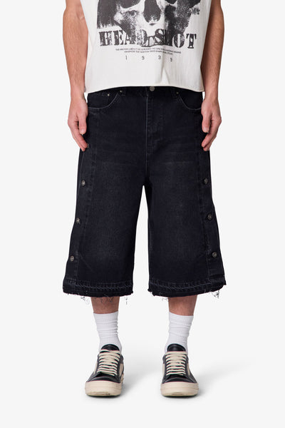 Ultra Baggy Offset Button Denim Shorts - Black